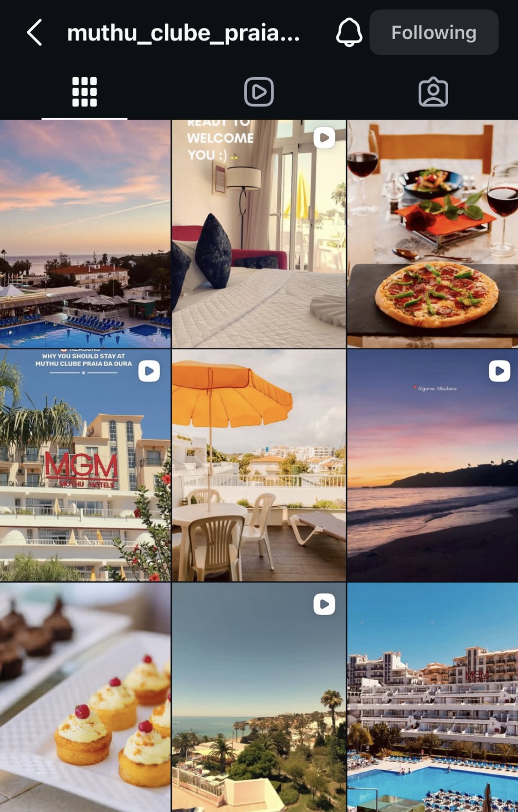 Instagram feed grid for Muthu Clube Praia da Oura showing the sunset aesthetic applied across posts and reels